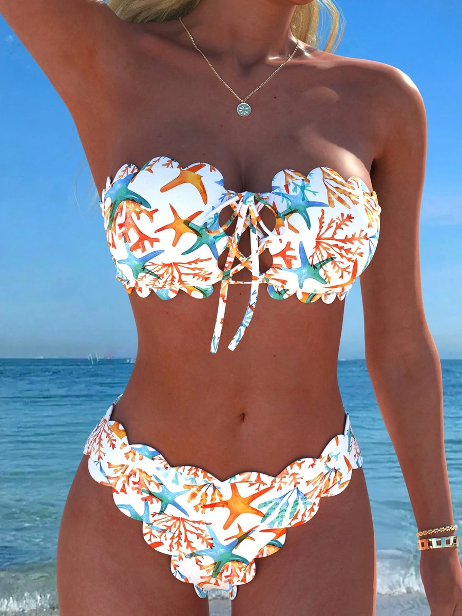 Bộ bikini buộc dây cổ yếm xếp nếp in họa tiết lá cây mới, đồ bơi gợi cảm, thời trang, thoải mái cho bãi biển, hồ bơi, kỳ nghỉ dành cho phụ nữ. - trắng - Xem 1
