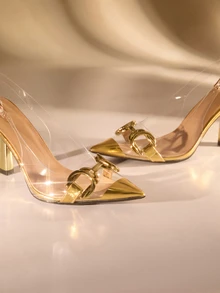 Etoivie Women's Stylish Spring & Autumn Outdoor Party Daily Life Pvc Gold Clear High-Heeled Shoes With Metal Buckle Decoration, Pointed Toe & Ankle Strap,Elegant,Kitten Heels - Gold - View 3