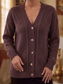 1 Áo len cardigan dệt kim gân cổ chữ V tay dài cài nút phía trước cỡ lớn dành cho nữ, Áo khoác đa năng thường ngày, thích hợp cho mùa thu đông - Màu hồng gỉ - Xem 8