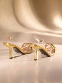 Etoivie Women's Stylish Spring & Autumn Outdoor Party Daily Life Pvc Gold Clear High-Heeled Shoes With Metal Buckle Decoration, Pointed Toe & Ankle Strap,Elegant,Kitten Heels - Gold - View 2