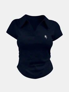 Camiseta polo de verano para mujer, camiseta deportiva casual ajustada con bordado - azul real - Ver 1