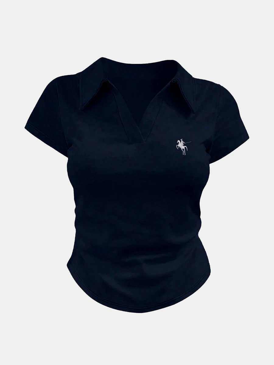 Camiseta polo de verano para mujer, camiseta deportiva casual ajustada con bordado - azul real - Ver 1