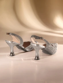 Giày sandal cao gót mũi nhọn vuông màu xám đính đá lấp lánh, mẫu thu đông 2025, giày nữ hở gót quai ngang mắt cá chân, kiểu dáng thanh lịch, thích hợp cho tiệc tùng, giày cao gót mũi nhọn. - Xám - Xem 2