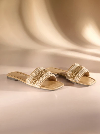 Etoivie Size 41 Women Plus Size Yellow Slide Sandals, Square Toe Flat Sandals For Spring/Summer, Rhinestone Decor Strap Flip Flops, Fashion Beach/Home Slippers, Size 42/43