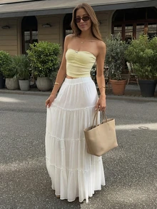 Falda blanca de varias capas con volantes para mujer, ideal para vacaciones de verano en la playa - Blanco - Ver 4