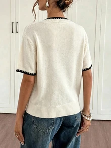 Casual White Short Sleeve Knit Top With Cherry Print, Contrast Trim Round Neck T-Shirt, Lightweight & Breathable Knit For Summer - Apricot - View 3