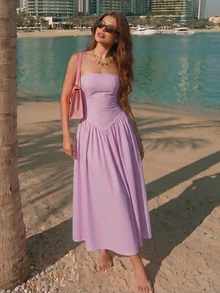 女士优雅夏季条纹无肩带中长连衣裙，适合复活节、母亲节、海滩、度假、派对等场合。 - 粉色 - 查看 3