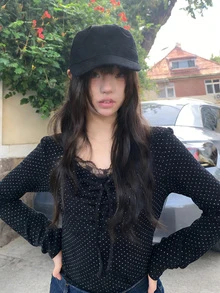 女士波点蕾丝拼接扭结设计时尚百搭通勤长袖T恤休闲春季黑色 - 黑色 - 查看 3