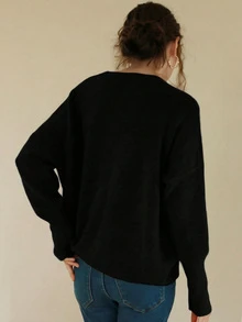 Knit Mix 优雅女士针织法式通勤毛衣，休闲宽松长袖圆领套头衫，适合秋冬季节、圣诞节、感恩节、新年、情人节等节日穿着，也是返校季和秋季女装的理想之选，黑色。 - 黑色 - 查看 2