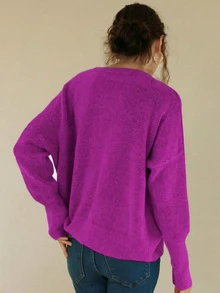 Knit Mix 优雅女士针织法式通勤毛衣，休闲宽松长袖圆领套头衫，适合秋冬季、圣诞节、感恩节、新年、情人节等节日穿着，也是返校季和秋季女装的理想之选。 - 玫紅色 - 查看 2