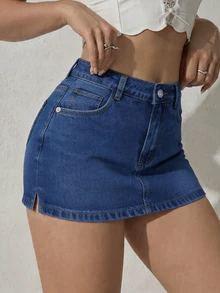 Women's Short Denim Mini Skirt With Sexy Slit Design, Made Of Non-Stretch Fabric Casual - Blue - View 3