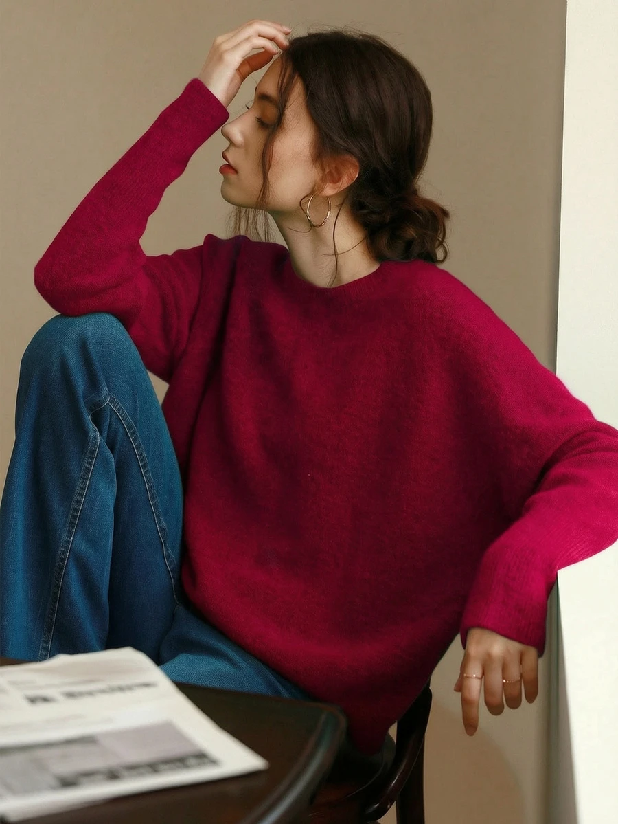 Knit Mix Fluffy Knit Drop Shoulder Jumper - Burgundy - View 1