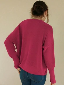 Knit Mix 优雅女士针织法式通勤毛衣，休闲宽松长袖圆领套头衫，适合秋冬季节、圣诞节、感恩节、新年、情人节等节日穿着，也是返校季和秋季的理想之选。 - 樹莓紅色 - 查看 2