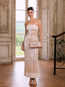 Etoivie Sac de soirée scintillant pour femme, fait de tissu pailleté avec décoration en matériel métallique, bretelle chaîne métallique, convient pour mariage, banquet, fête, bal, cadeaux de vacances, assortiment de robes, Saint-Valentin, anniversaire - Champagne - Voir 2