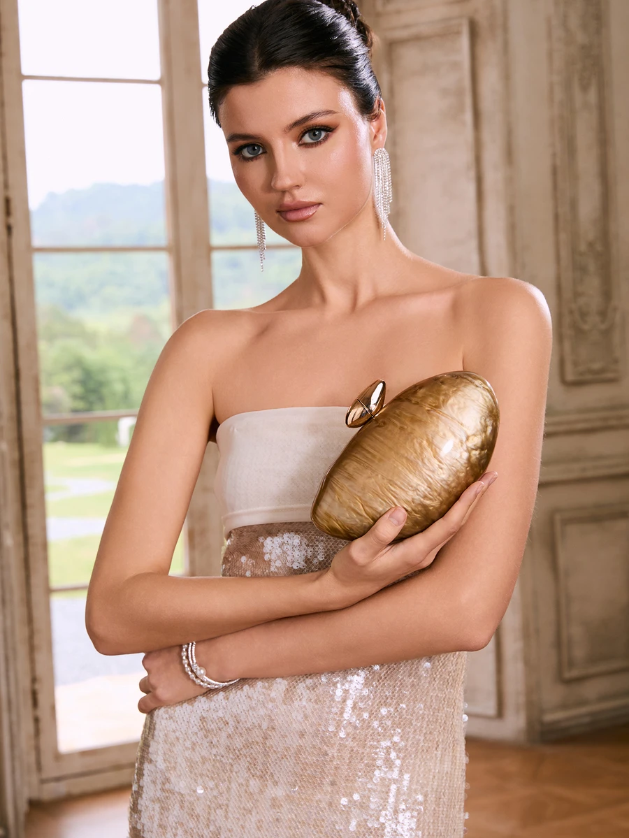 Etoivie Modische minimalistische Marmor-Acryl-Handtasche, elegante personalisierte Gänseeiform Nische Stil Clutch, Ketten-Umhängetasche - Kaffeebraun - Übersicht 1
