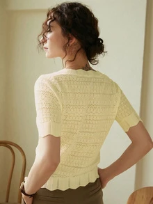 Knit Mix Women's Elegant Casual Solid Color Hollow Out Round Neck Short Sleeve Knit T-Shirt, Suitable For Spring/Summer, Daily, Home, Office, Commute - Light Yellow - View 2
