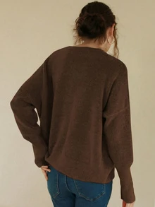 Knit Mix Áo len nữ kiểu Pháp thanh lịch, tay dài, cổ tròn, dáng rộng thoải mái, thích hợp cho mùa thu/đông, Giáng sinh, Lễ Tạ ơn, Năm mới, Ngày lễ tình nhân và các ngày lễ khác, một lựa chọn lý tưởng cho mùa tựu trường và trang phục mùa thu của nữ giới. - màu nâu - Xem 2