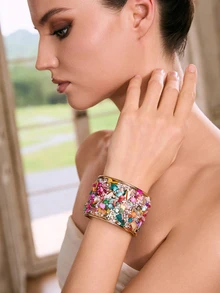 Etoivie 1pc Metal Bangle Bracelet With Embedded Stones And Rhinestones, Lightweight And Personalized, Adjustable Opening - Multicolor - View 3