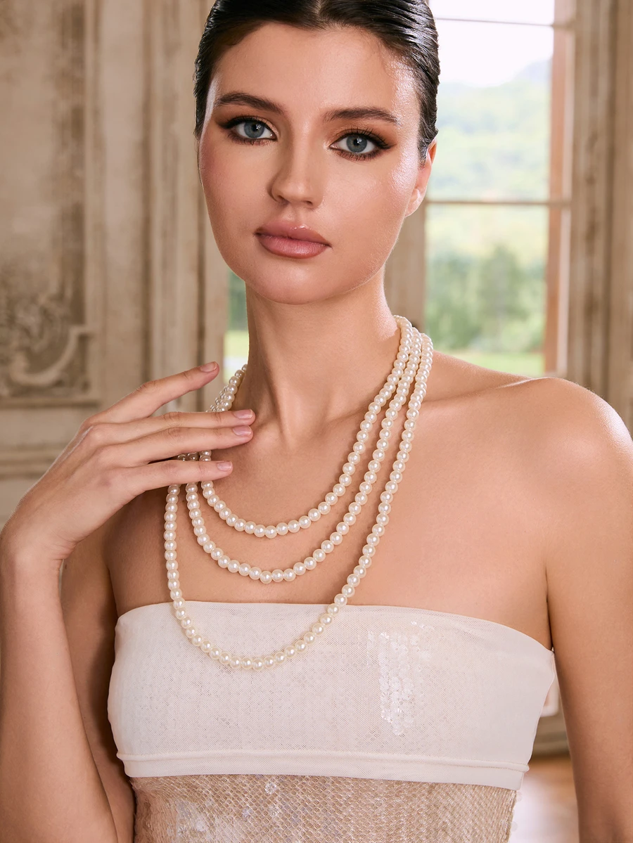 Etoivie 72-Inch Elegant Multi-Strand Pearl Necklace, Suitable For Women's Daily Wear And Various Occasions, Without Additional Decorations - Beige - View 1