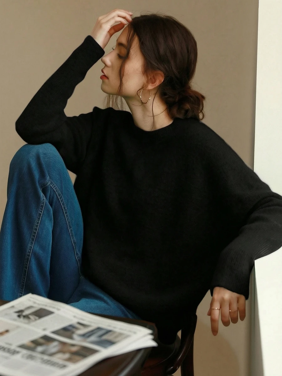 Knit Mix 优雅女士针织法式通勤毛衣,休闲宽松长袖圆领套头衫,适合秋冬季节、圣诞节、感恩节、新年、情人节等节日穿着,也是返校季和秋季女装的理想之选,黑色。 - 黑色 - 查看 1