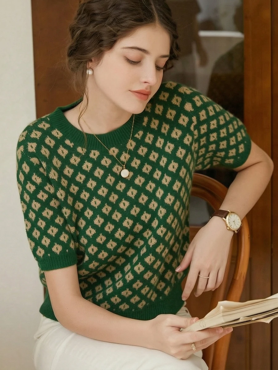 French Style Women Knitted Commuter Sweater, Floral Pattern, Contrast Color Short Sleeve T-Shirt, Suitable For Spring And Autumn, Minimalist Retro Back To School Autumn Women Clothing Casual
