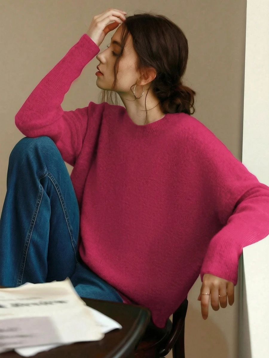 Knit Mix 优雅女士针织法式通勤毛衣,休闲宽松长袖圆领套头衫,适合秋冬季节、圣诞节、感恩节、新年、情人节等节日穿着,也是返校季和秋季的理想之选。 - 樹莓紅色 - 查看 1