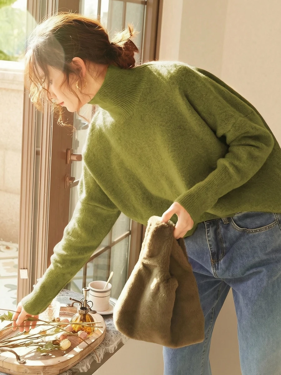 Knit Mix Áo len nữ cổ cao dáng rộng, thích hợp cho mùa thu/đông, áo chui đầu tay dài dày dặn, phong cách cổ điển tối giản, thời trang đa năng cho Giáng sinh, Năm mới, Ngày lễ tình nhân, mùa tựu trường, phong cách thường ngày.