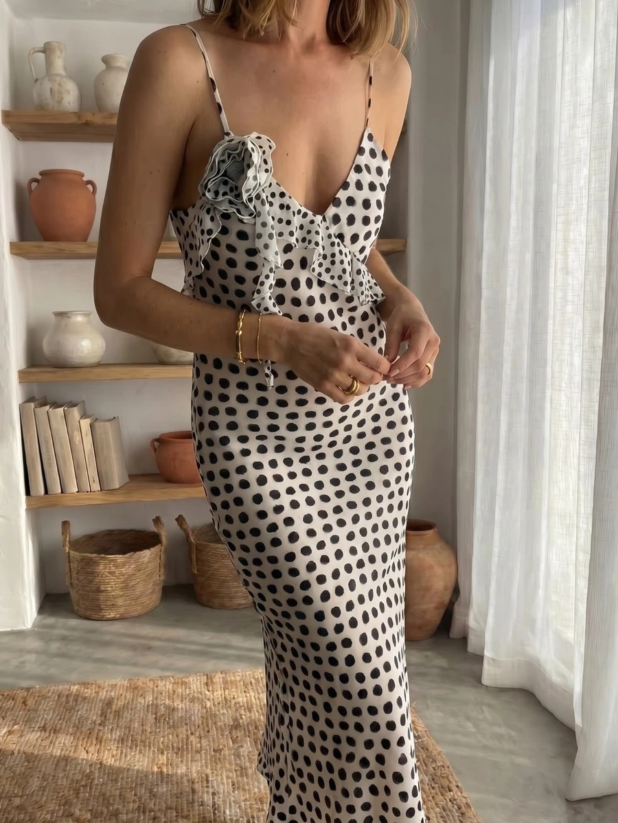 Women's Polka Dot Maxi Slip Dress, Elegant Ruffle Hem Spaghetti Strap Dress For Party, Wedding, Date Night, Spring/Summer White - White - View 1
