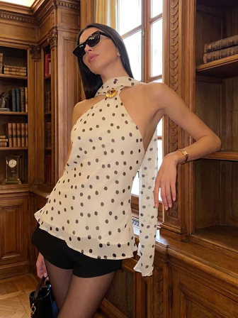 Elegant Women's Sleeveless Halter Neck Chiffon Polka Dot Top, Lined, Regular Length, Decorated With Unique Gold Button Brooch, Suitable For Summer Wear