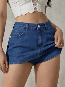 Women's Short Denim Mini Skirt With Sexy Slit Design, Made Of Non-Stretch Fabric Casual - Blue - View 2