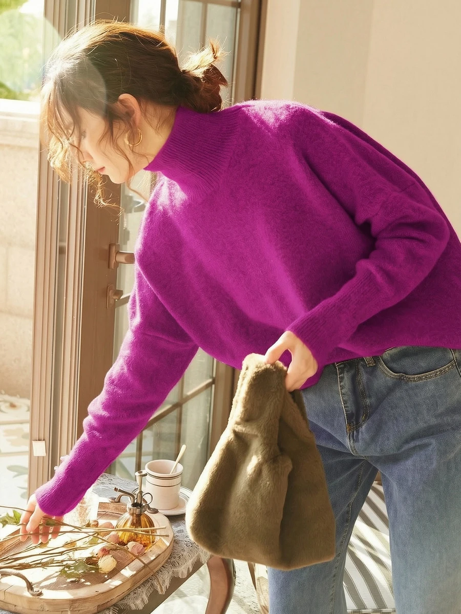 Knit Mix 女款高領寬鬆針織毛衣 秋季