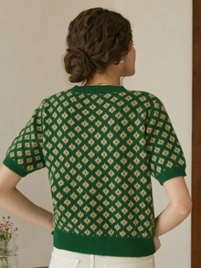French Style Women Knitted Commuter Sweater, Floral Pattern, Contrast Color Short Sleeve T-Shirt, Suitable For Spring And Autumn, Minimalist Retro Back To School Autumn Women Clothing Casual - Green - View 3