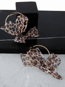 CHICVUE 1 Pair Exaggerated Leopard Print Ribbon Bow Hoop Earrings, Suitable For Women To Wear In Banquet, Party And Wedding Valentines - Leopard - View 4