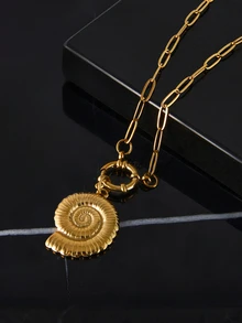 CHICVUE 1pc 45+5cm Stainless Steel Gold Shell Necklace Summer Conch Beach Necklace Spring Ring Clasp Sea Themed Jewelry Paperclip Link Chain DIY Accessories For Women - Gold - View 1