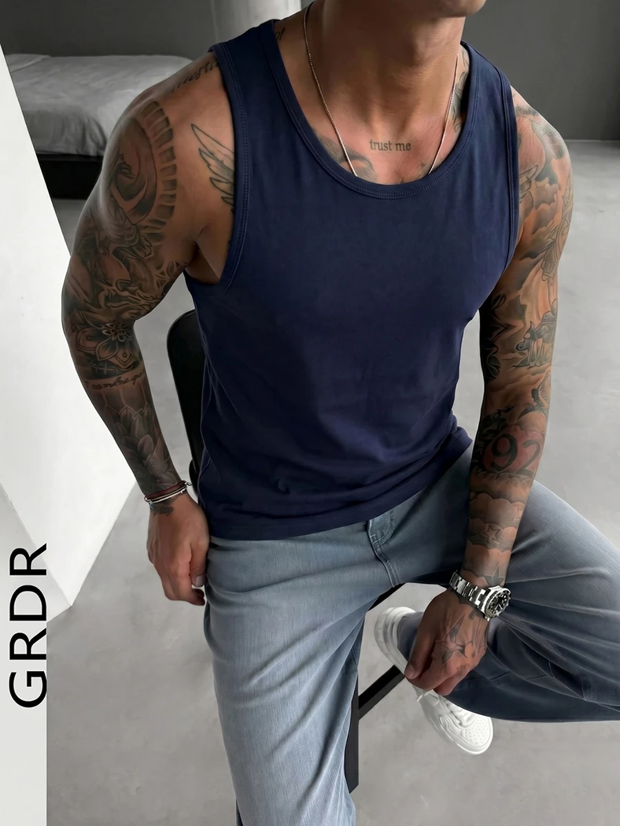 GRDR 男士夏季休闲无袖圆领背心 - 藏蓝色 - 查看 1