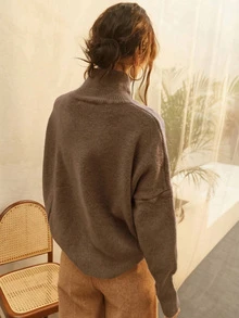 Knit Mix 女款高領寬鬆針織毛衣 棕色 - 棕色 - 查看 3