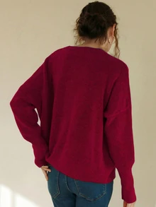 Knit Mix Fluffy Knit Drop Shoulder Jumper - Burgundy - View 2