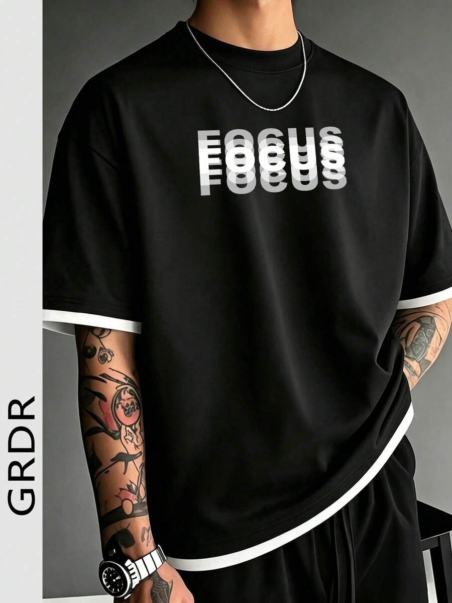 GRDR 男士夏季经典二合一简约休闲圆领短袖T恤,时尚百搭,通勤必备 - 黑色 - 查看 1