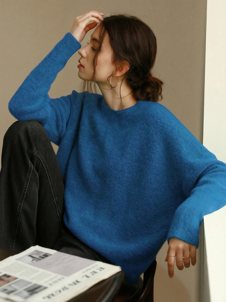 Elegant Women Knitted French Commuter Sweater, Casual Loose Long Sleeve Crew Neck Pullover, Suitable For Autumn/Winter, Christmas, Thanksgiving, New Year, Valentine's Day And Other Holidays, Ideal Choice For Back To School Season And Fall Women's Wear - Blue - View 1