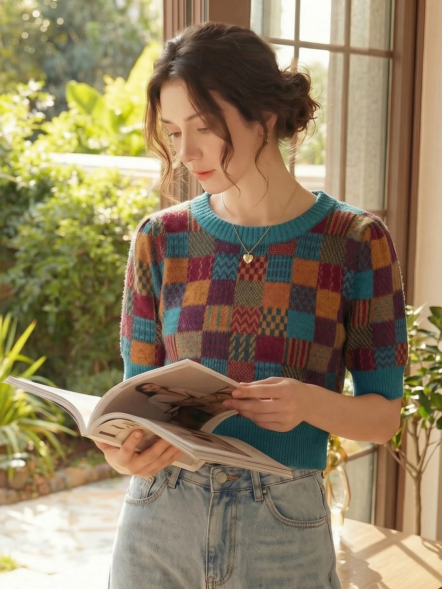 Elegant Women's French Fashion Loose T-Shirt, Knitted Round Neck Plaid Pattern, Suitable For Spring And Summer, Short Sleeve Casual Pullover, Suitable For Valentine's Day, Back To School Season, Autumn And Winter, Also Suitable For Christmas, Thanksgiving And New Year Occasions - Blue - View 1