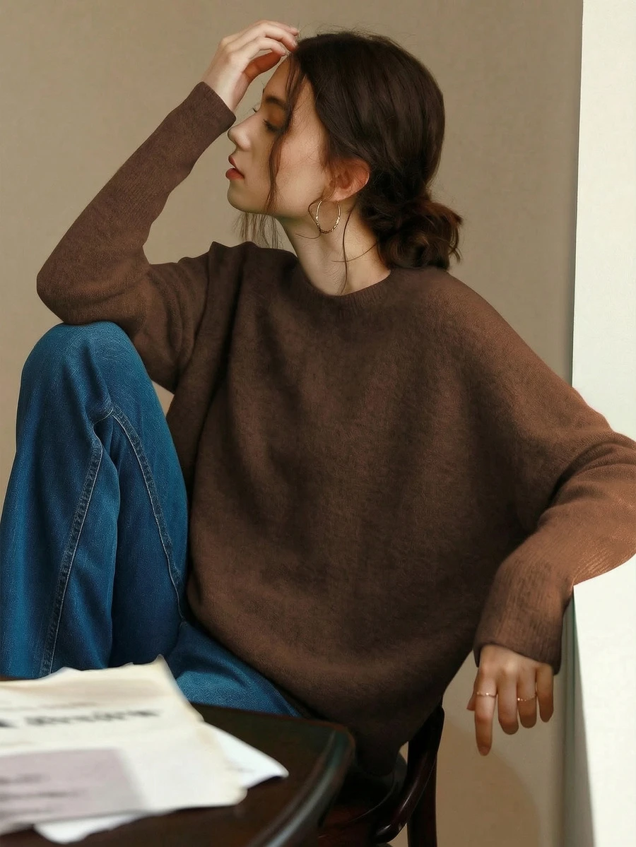 Knit Mix Áo len nữ kiểu Pháp thanh lịch, tay dài, cổ tròn, dáng rộng thoải mái, thích hợp cho mùa thu/đông, Giáng sinh, Lễ Tạ ơn, Năm mới, Ngày lễ tình nhân và các ngày lễ khác, một lựa chọn lý tưởng cho mùa tựu trường và trang phục mùa thu của nữ giới. - màu nâu - Xem 1
