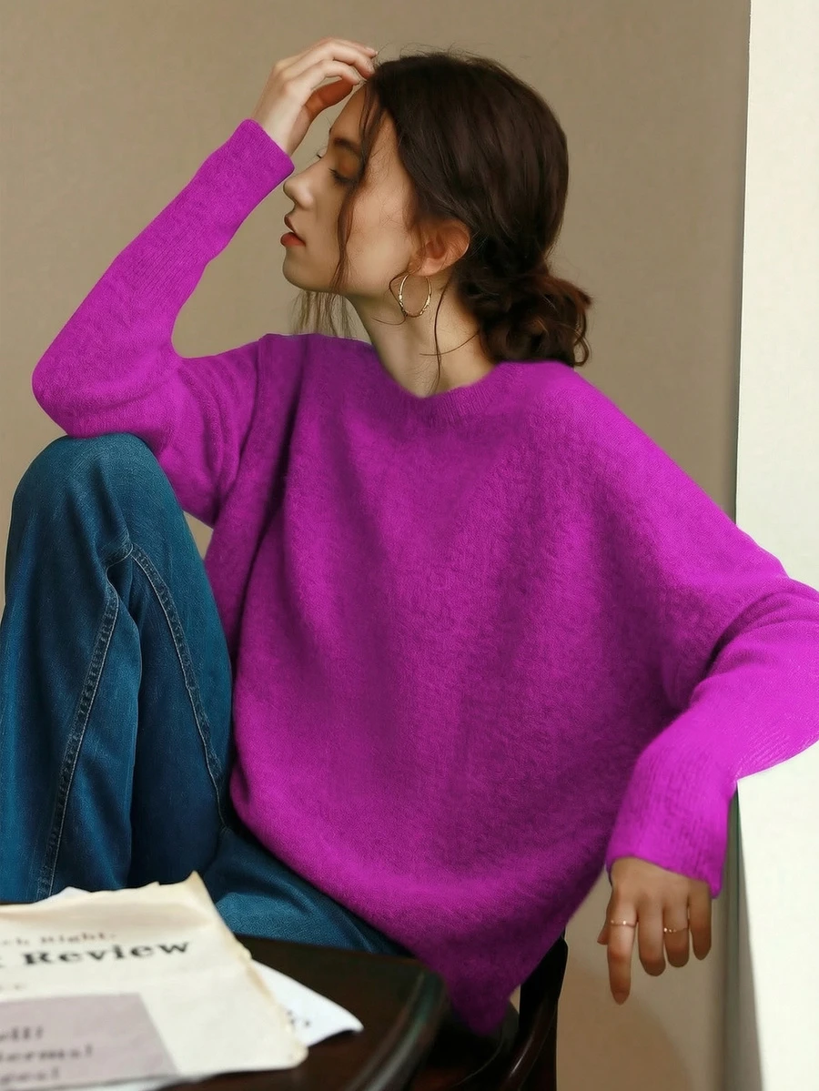 Knit Mix 优雅女士针织法式通勤毛衣,休闲宽松长袖圆领套头衫,适合秋冬季、圣诞节、感恩节、新年、情人节等节日穿着,也是返校季和秋季女装的理想之选。 - 玫紅色 - 查看 1