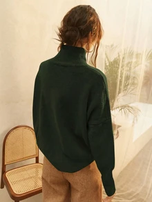 Knit Mix 女士高领宽松针织毛衣，适合秋冬季节，加厚长袖套头衫，简约复古硬币图案，时尚百搭，适合圣诞节、新年、情人节、开学季等场合。 - 軍綠色 - 查看 3