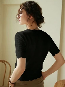 Knit Mix Áo thun nữ tay ngắn cổ tròn khoét lỗ, màu trơn, thanh lịch, thích hợp cho mùa xuân/hè, mặc hàng ngày, ở nhà, văn phòng, đi làm. Màu đen. - màu đen - Xem 2