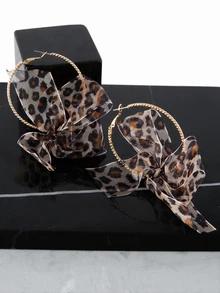 CHICVUE 1 Pair Exaggerated Leopard Print Ribbon Bow Hoop Earrings, Suitable For Women To Wear In Banquet, Party And Wedding Valentines - Leopard - View 3