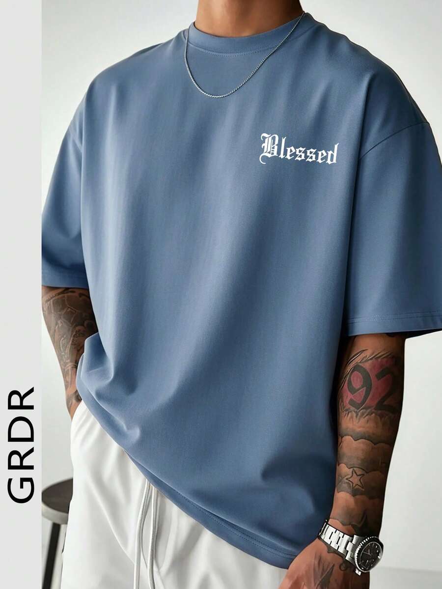 GRDR Men's Retro American Style Minimalist Letter Washed Round Neck Short Sleeve T-Shirt, Comfortable & Breathable For Summer - Dusty Blue - View 1