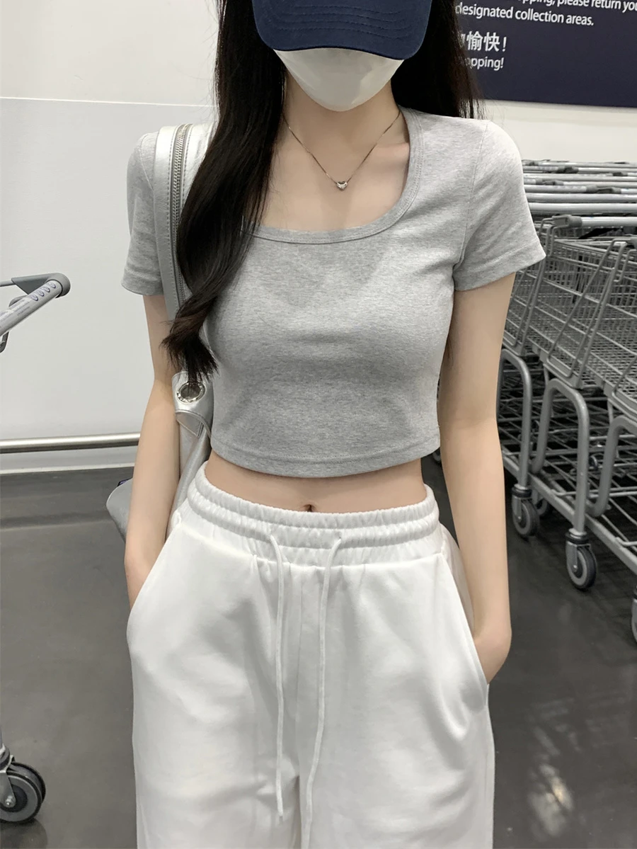 女士短款法式方领短袖T恤,夏季美式性感风格,灰色休闲款 - 灰色 - 查看 1