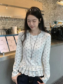 Korean Style Minimalist Sweet Polka Dot Round Neck Ruffle Hem Long Sleeve Top For Women Casual Spring - Grey - View 8