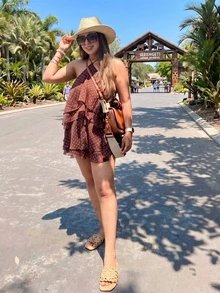 Women's Short Polka Dot Patchwork Casual Cute Party Multi-Layered Cake Dress, Chiffon Ruffle Decor Tie Neck Beach Dress, Spring/Summer New Elegant - Coffee Brown - View 2