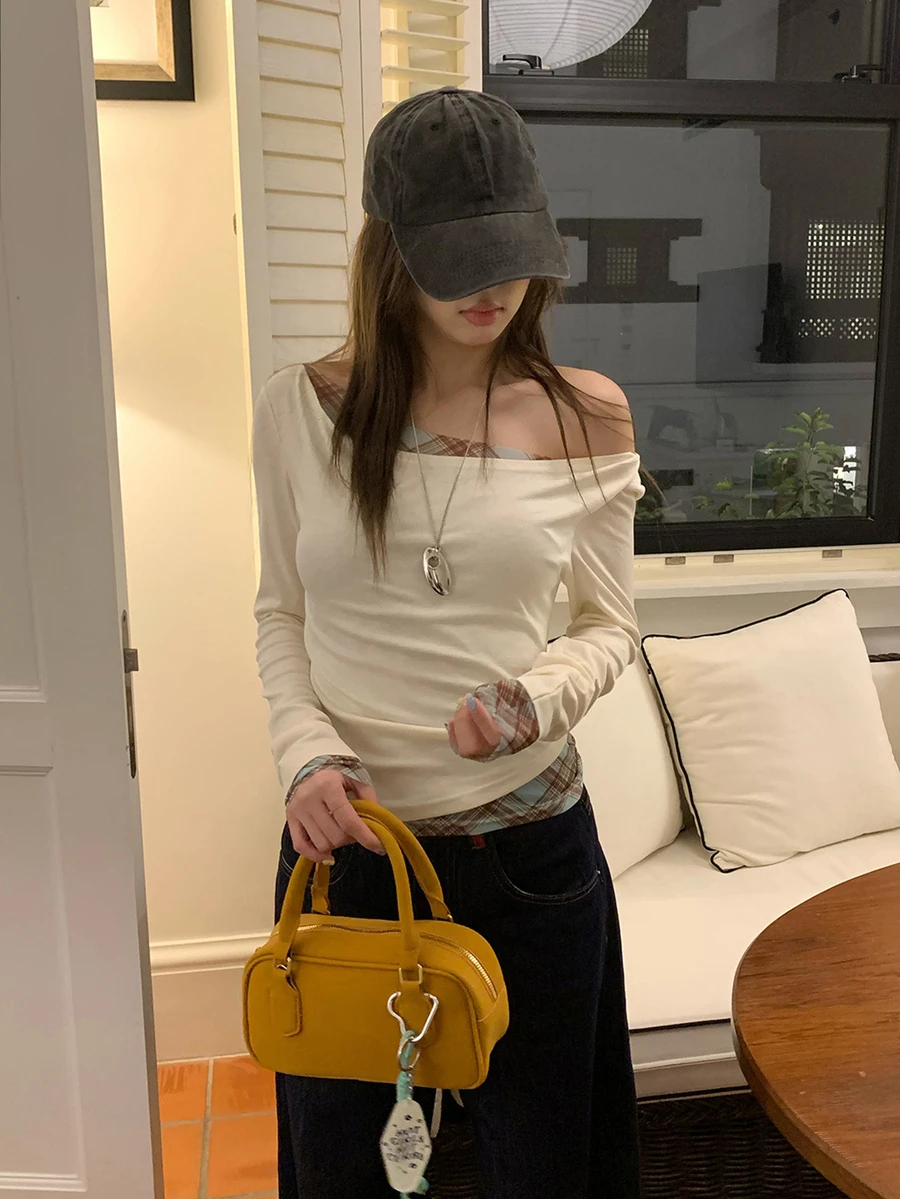 Áo kiểu vai chéo phối nhiều mảnh, thiết kế ôm sát, áo dài tay thanh lịch, màu trắng thường ngày cho mùa xuân. - trắng - Xem 1